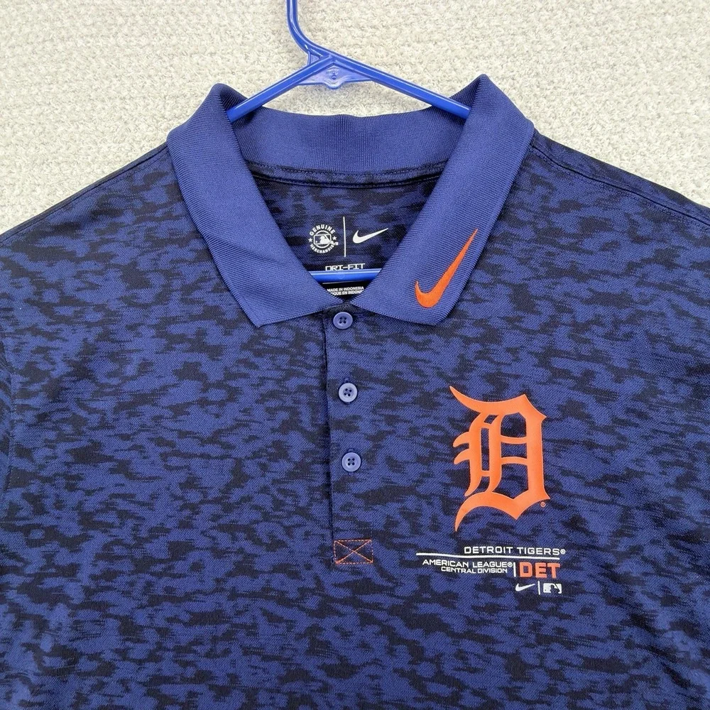 Nike Detroit Tigers Polo Mens XL Dri-FIT MLB Authentic Navy All Over Print